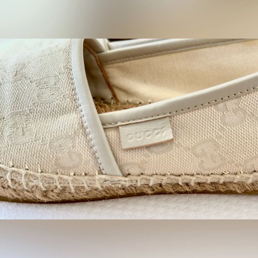 Gucci GG Canvas Leather Trim Embellishment Espadrilles